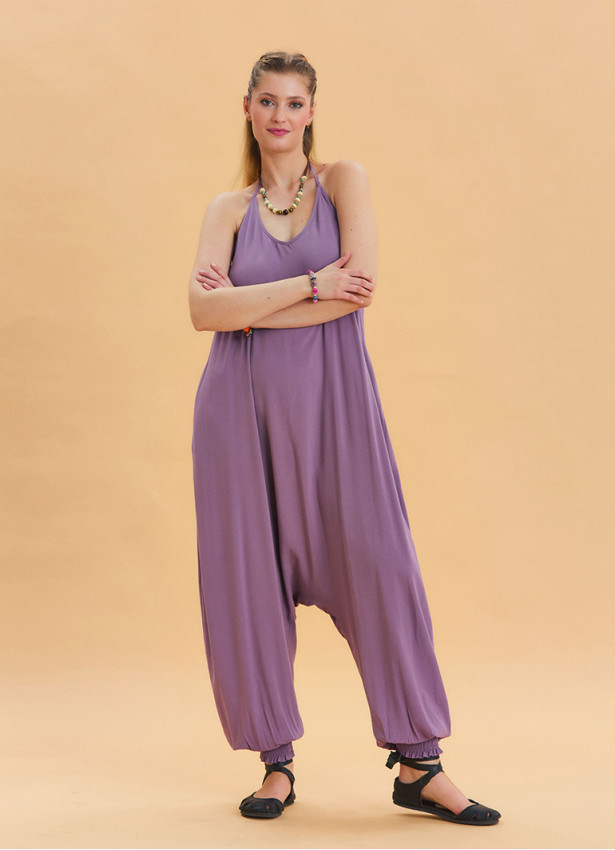 Lilac Bohemian Jumpsuit with Elasticated Legs and Tied Neck 4486